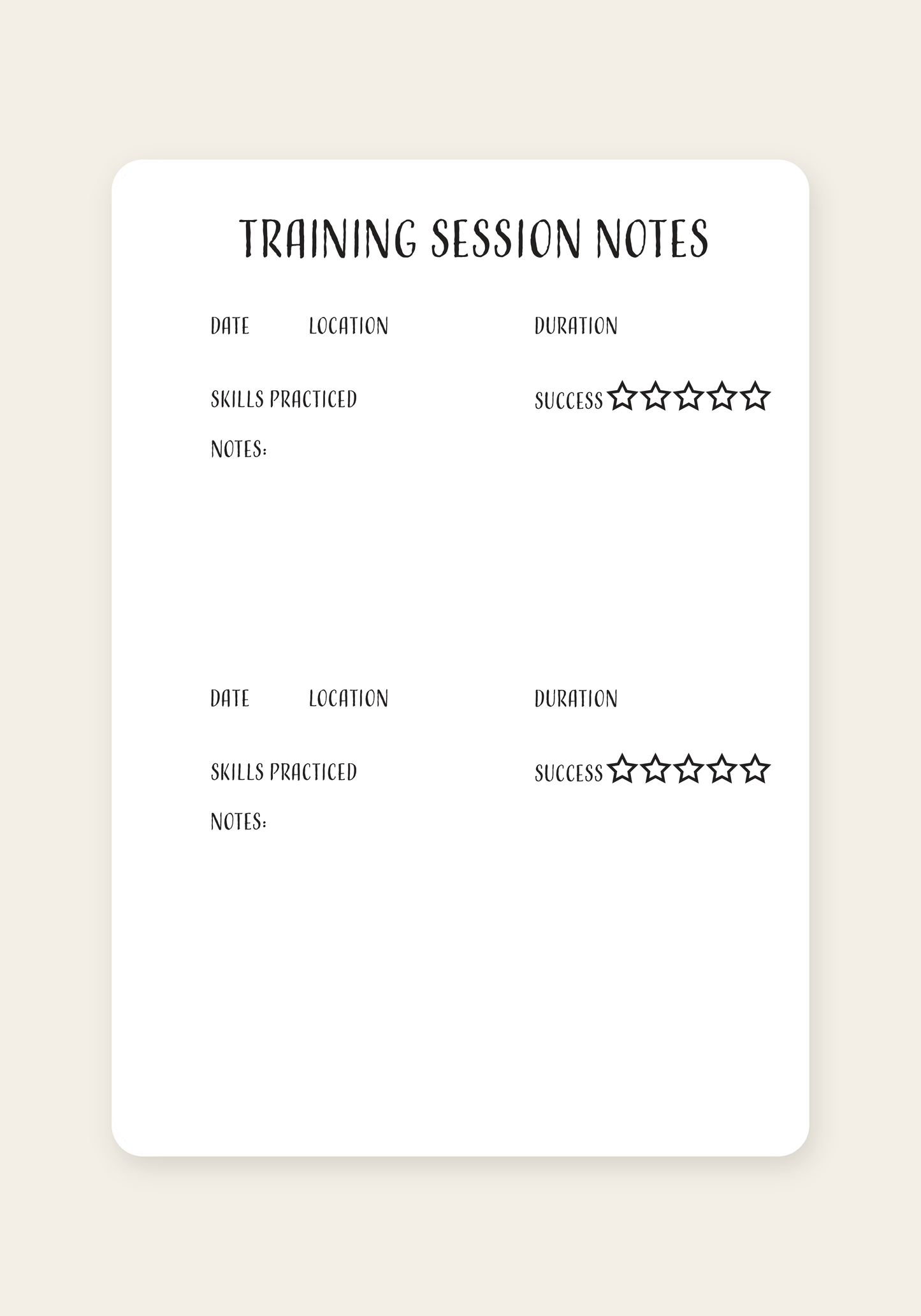Training Session Notes page from the Dog Training Journal with fields for date, location, duration, skills practiced, a five-star rating, and notes.