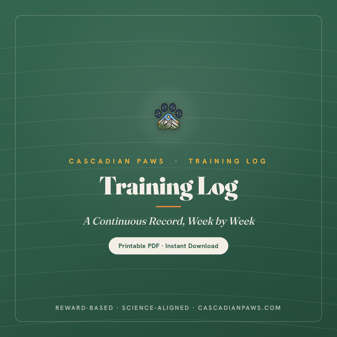 Cascadian Paws training log field card, a double-sided session log for tracking dog training progress