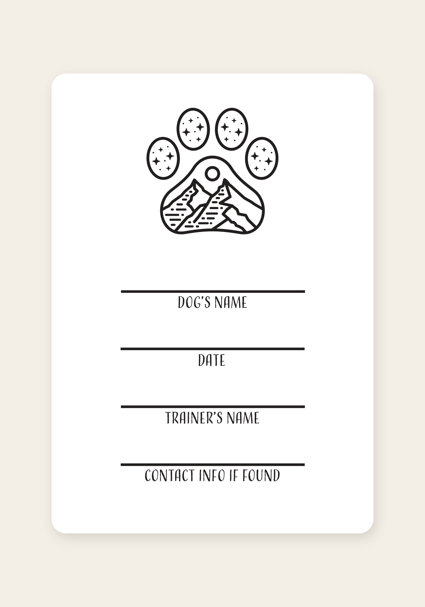 Inside cover of the Dog Training Journal with the paw-and-mountain logo and lines for dog's name, date, trainer's name, and found-pet contact.