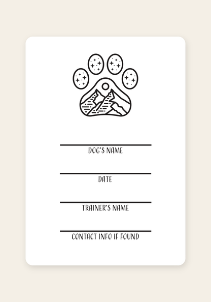 Inside cover of the Dog Training Journal with the paw-and-mountain logo and lines for dog's name, date, trainer's name, and found-pet contact.
