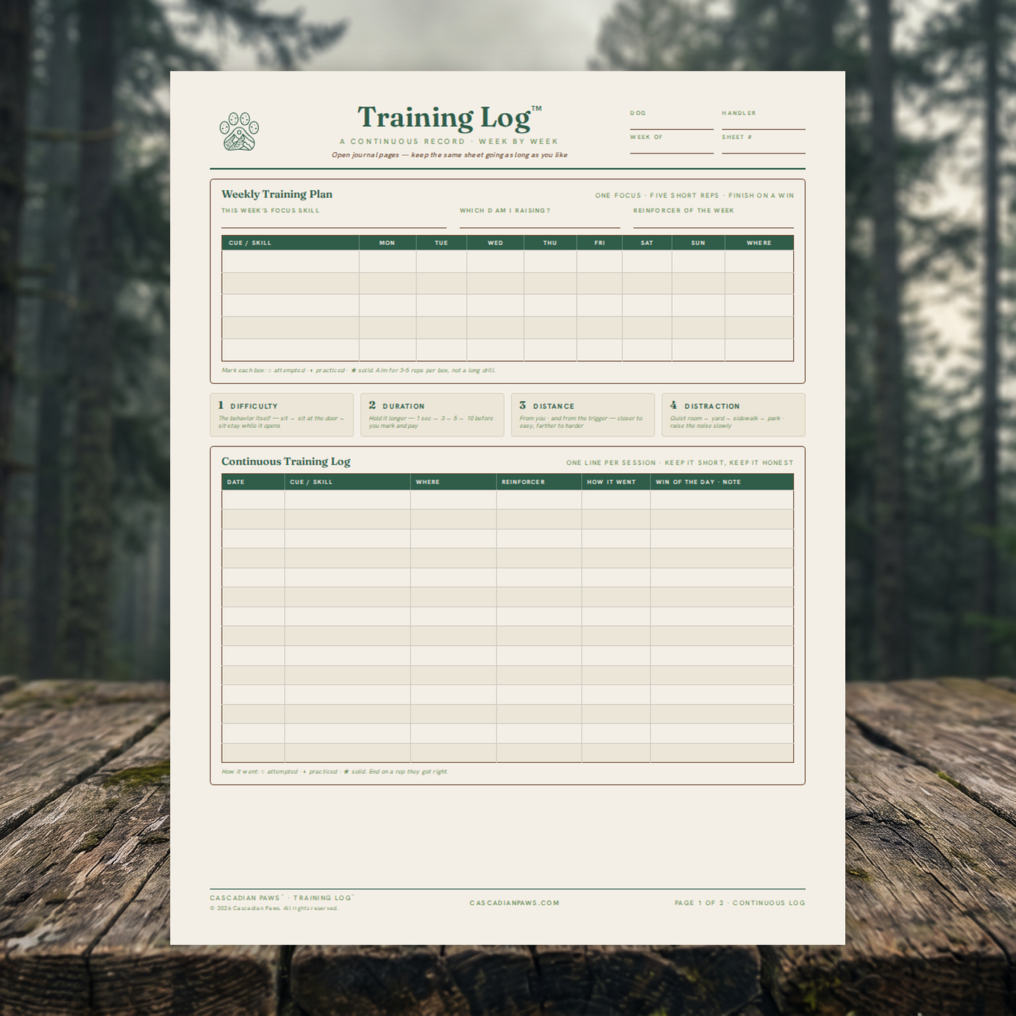Dog Training Log Field Card